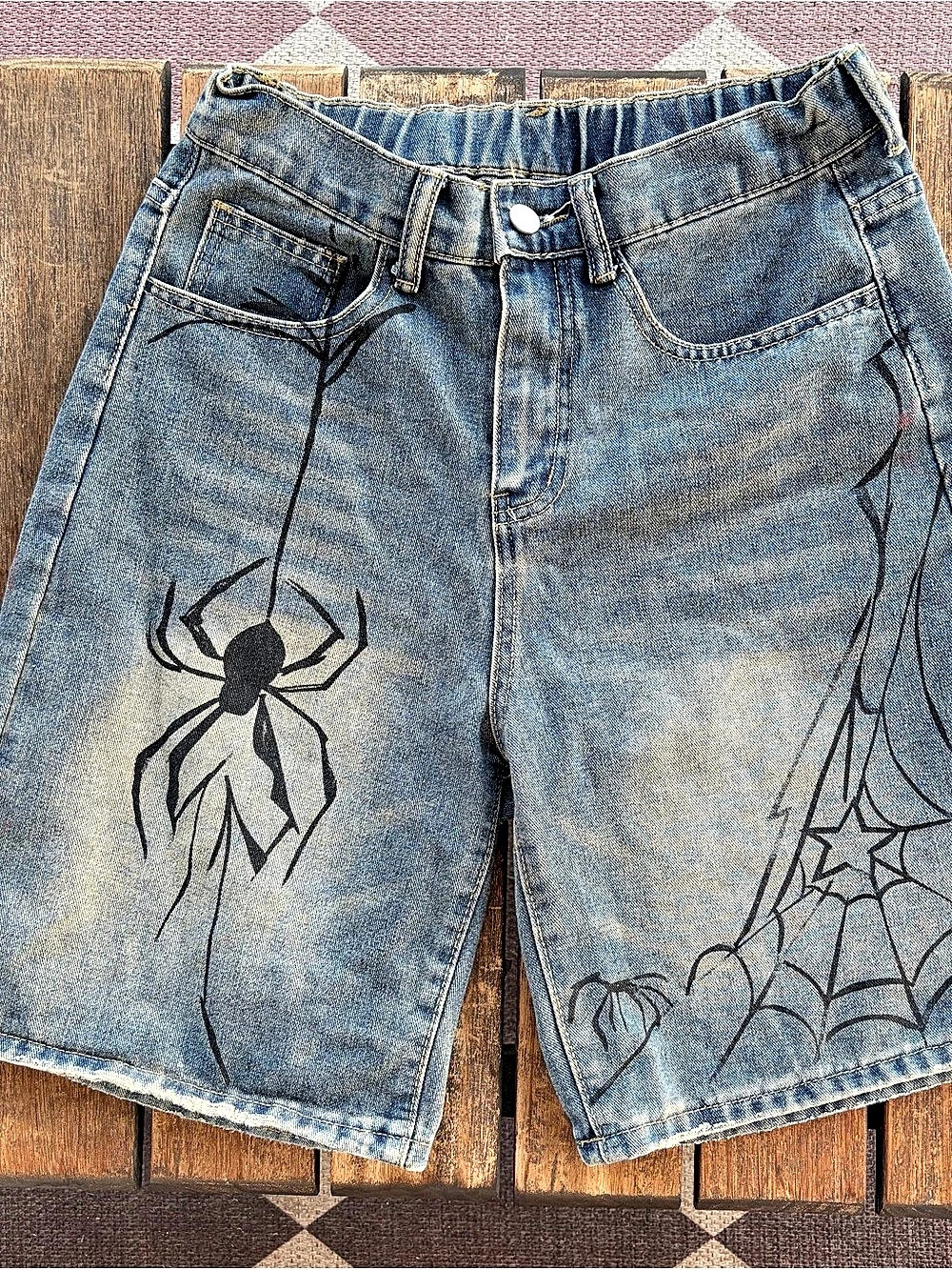 NODOK Y2K Jorts Denim Jean Shorts Spiderweb Graphics Elastic Waist, Adult Small